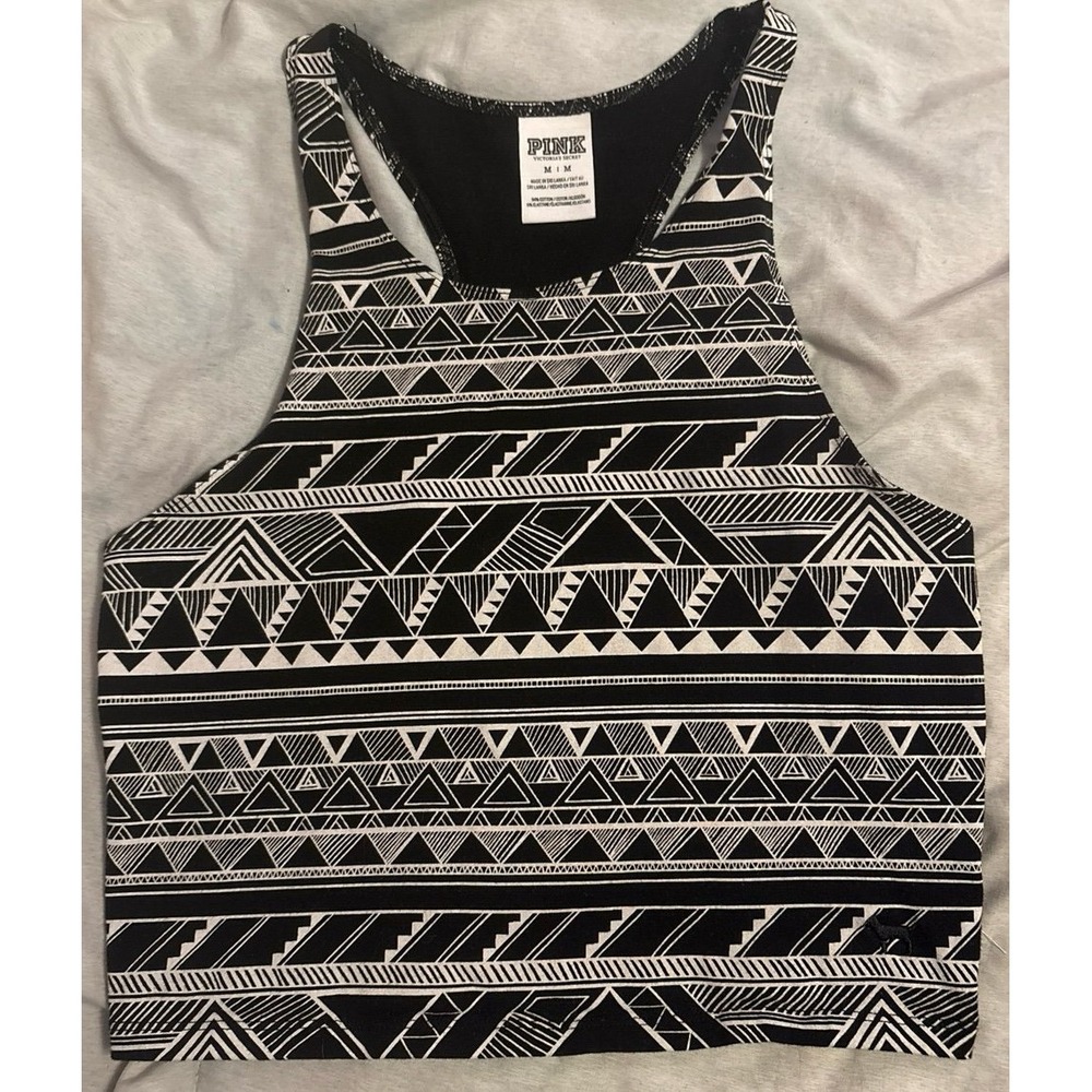 Victoria's Secret PINK Black & White‎ Aztec Print Crop Racerback Tank Top, M